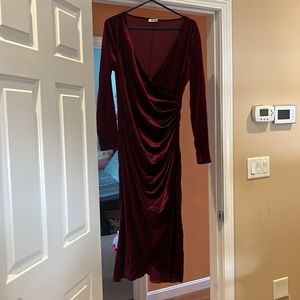 Elegant Velvet Long Sleeve Wrap V neck Dress